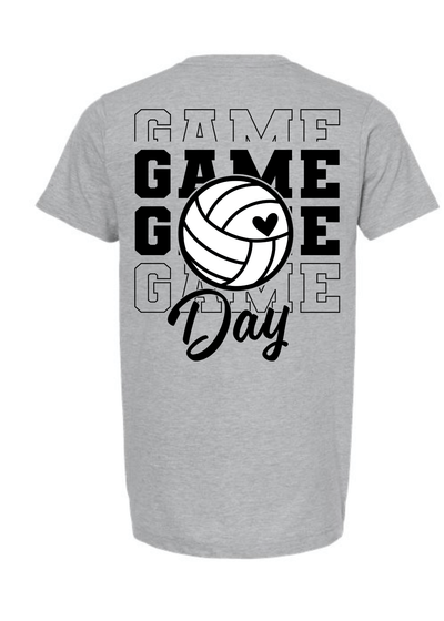 Gray t-shirt with 'Game Day' text and volleyball graphic on a white background